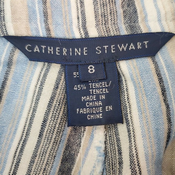 CC - Catherine Stewart Linen Cropped Pants Women's Size 8 Blue White Tan Striped - Picture 4 of 6